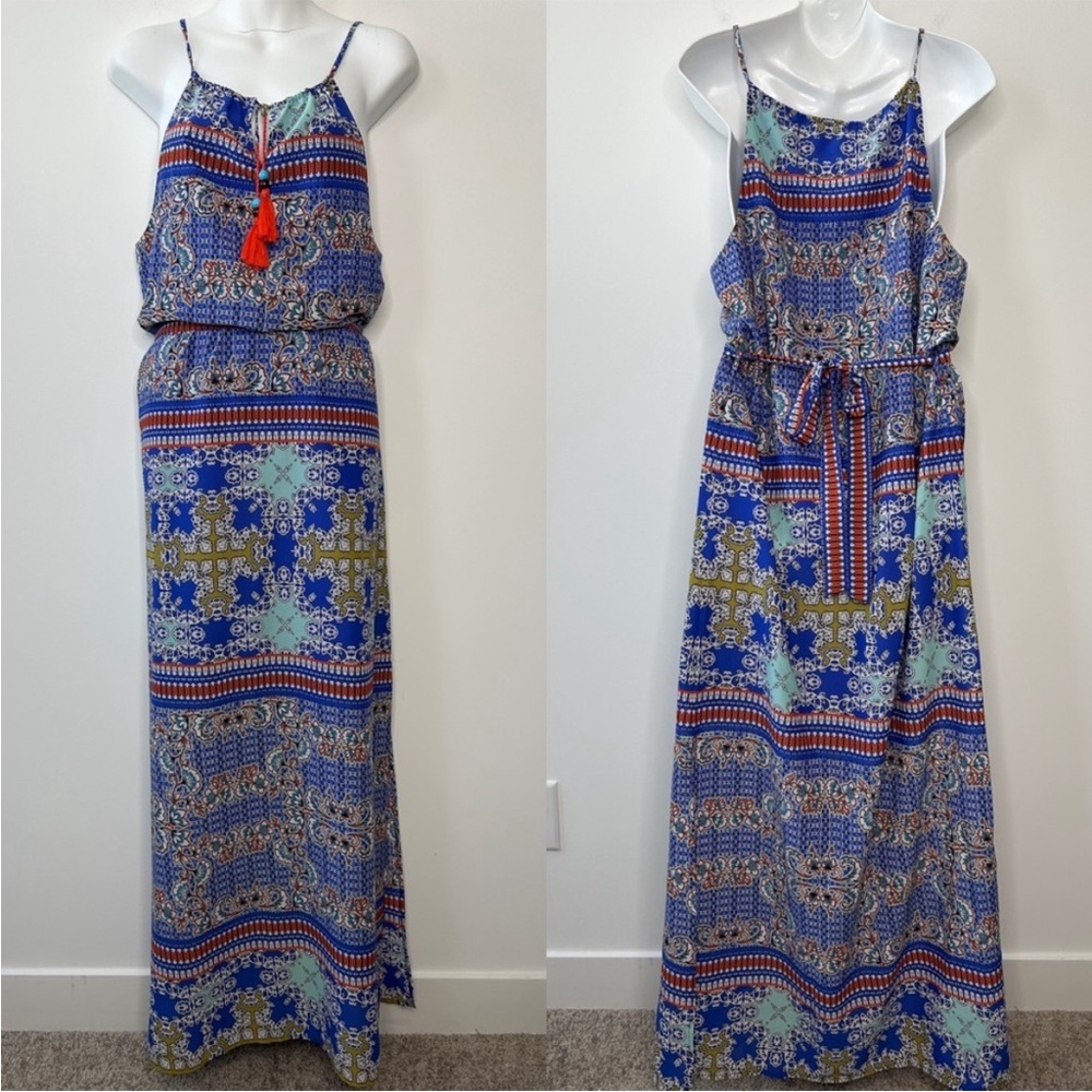 THE LIMITED Blue Orange Paisley Floral Tassel Tie Waist Maxi Dress Size Medium - Picture 1 of 7